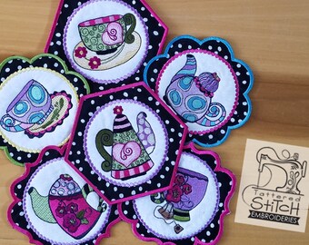 Bundle - WHIMSICAL TEAPOTS & Teacup COASTERS Embroidery -  In the Hoop 5 by 7 Machine Embroidery Designs