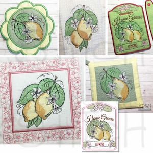 Puede incluir: Diseños bordados con limones y flores. Los diseños incluyen un cuadrado con una rama de limón, un diseño redondo con una rama de limón, un diseño rectangular con una rama de limón y el texto "Home Grown Lemons", y un posavasos con una rama de limón.