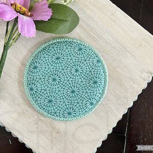 May include: A teal blue round fabric coaster with a geometric pattern. The coaster is made of fabric and has a stitched edge.