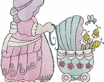 Può includere: Una bambola vestita di rosa e viola con un cappello spinge un passeggino blu e bianco con fiori e api sul lato.