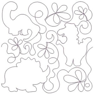 以下が含まれることがあります： スタイリッシュな恐竜と花が描かれたキルトブロックの白黒線画。恐竜はシンプルで遊び心のあるスタイルで描かれており、花はそれぞれ5枚の花びらを持っている。