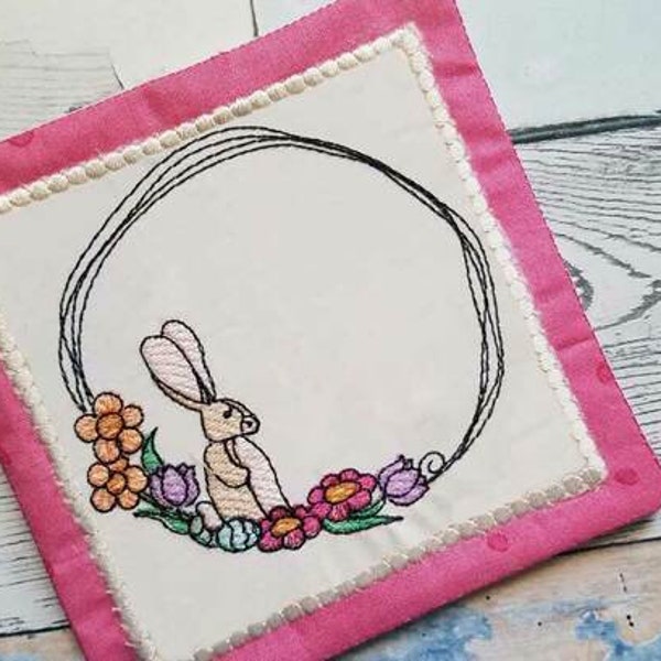 Bunny Wreath Mug Rug - Fits a 5x7" Hoop - Machine Embroidery Designs