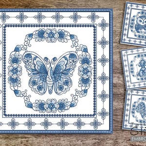 May include: A square, white and blue embroidered design featuring a butterfly surrounded by flowers. The design is framed by a blue border with cross and floral patterns. Three smaller square designs with owl, woman, and rooster motifs are also visible.