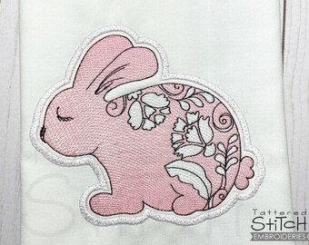 Floral BUNNY APPLIQUE - EASTER- Embroidery  - Easter, Holiday, Bunnies - Downloadable Machine Embroidery - Light Fill Stitch