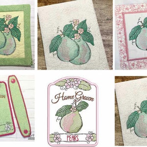 Puede incluir: Conjunto de seis diseños de bordado que representan peras con hojas verdes y flores rosas. Los diseños incluyen un agarrador de olla, una toalla de té y cuatro etiquetas que dicen "Home Grown Pears".