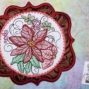 POINTSETTIA FLOWER EMBROIDERY Mug Rug/Coaster - Machine Embroidery Design. 5x7 In The Hoop Instant Download. In the hoop.