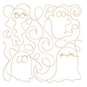 May include: A digital embroidery design featuring four ghosts with different facial expressions. The ghosts are outlined in gold thread and are surrounded by swirls and loops.