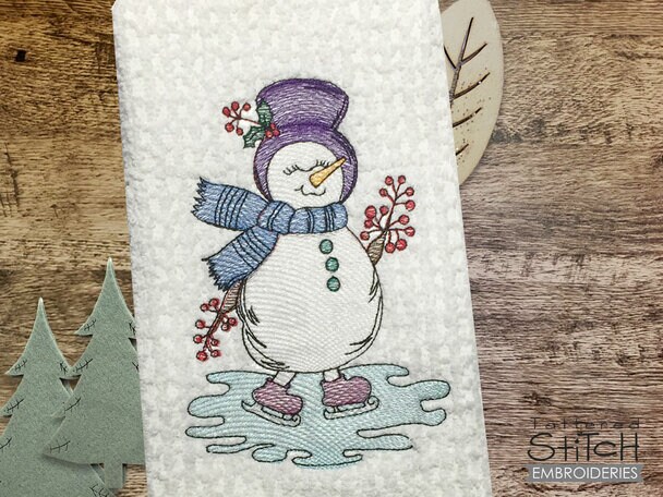 Skating Snowman Quilt Block - Instant Downloadable Machine Embroidery -  Light Fill Stitch