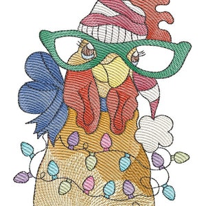 May include: Embroidered design of a rooster wearing a red and white striped hat, green glasses, and a string of colorful lights around its neck.