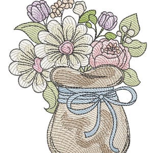 May include: An embroidered design of a bouquet of flowers in a burlap bag tied with a light blue ribbon. The flowers include daisies, roses, and tulips in shades of pink, white, and purple, with green leaves.