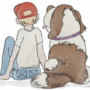 May include: A cartoon illustration of a boy wearing a red baseball cap and blue jeans sitting next to a brown and white dog. The boy is looking to the right and the dog is looking to the left.