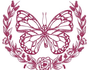 Regal BUTTERFLY REDWORK EMBROIDERY - Machine Embroidery Design. 5x7, 6x11 & 8x14 Hoop Instant Download. Butterfly. Wreath. Floral Embroidery