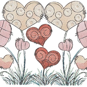Könnte beinhalten: Ein gesticktes Design mit stilisierten Herzen in verschiedenen Größen und Farben. Die Herzen sind in Rosa-, Pfirsich- und Rottönen gehalten, mit gestickten Details und Stielen. Das Design umfasst Gras und dekorative Elemente.