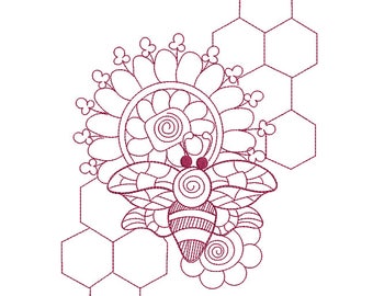 Honeycomb BEE REDWORK EMBROIDERY - Bee, Bees, Embroidery - Machine Embroidery Design