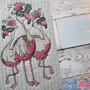 3 FLAMINGOS BIRD EMBROIDERY - Birds, Flamingos, Flamingo Embroidery - Fits a 4x4&quot;, 5x7 & 6x10&quot; Hoop - Machine Embroidery Designs