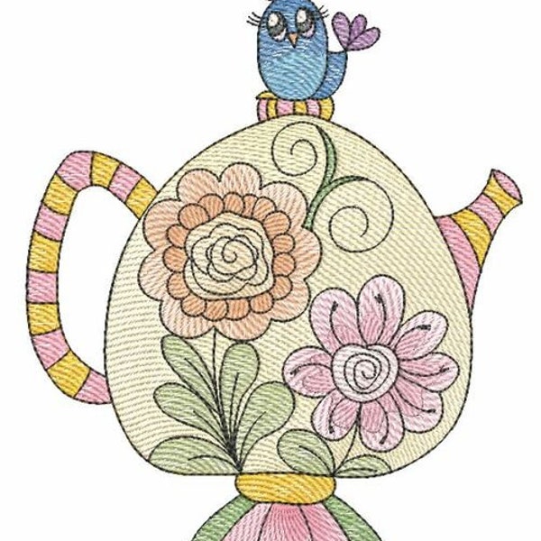 TEA KETTLE 6 EMBROIDERY  (No Quilt Block Background) - Tea Lover, Tea Kettle - Fits a 4x4", 5x7 & 8x8"  Hoop - Machine Embroidery Designs