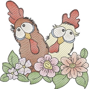 CHICKENS IN FLOWERS embroidery (No Quilt Block Background) - Fits a 4x4", 5x7", & 8x8" Hoop - Machine Embroidery Designs