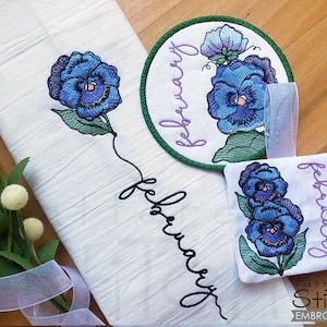 FEBRUARY VIOLETS -Birth Month Flowers - Embroidery BUNDLE - Coaster, Floral, Sachet - Downloadable Machine Embroidery - Light Fill Stitch