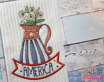 AMERICANA VASE EMBROIDERY - Patriotic, America, Americana, July 4th, Vases - Fits a 4x4, 5x7 & 6x10" Hoop - Machine Embroidery Designs