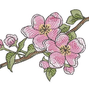 May include: A delicate branch of pink apple blossoms with green leaves. The flowers are detailed with a light pink and white color scheme.
