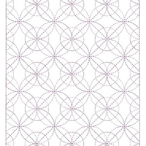 Puede incluir: Un fondo blanco con un patrón repetitivo de círculos y líneas superpuestos en color morado claro.