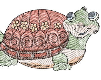 May include: A cartoon turtle with a red, brown and green shell featuring a floral design. The turtle has large blue eyes and a smiling face.
