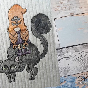 GNOME On BLACK CAT Embroidery - Halloween, Black Cat, Gnomes - Fits a 4x4 & 5x7 Hoop - Machine Embroidery Designs