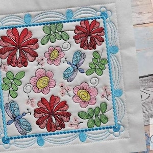 Whimsical Blooms FLORAL EMBROIDERY QUILT Block #1 - Fits a 4x4&quot;, 5x5&quot;, 6x6&quot;, 7x7&quot;, 8x8&quot; & 10x10&quot; Hoop - Machine Embroidery Designs
