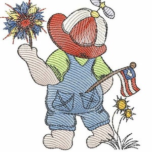 May include: A cartoon illustration of a child wearing overalls and a red, white, and blue hat holding a sparkler and a small American flag. The child is standing in front of a green bush with yellow flowers.