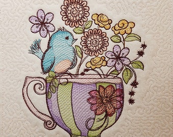 FINCH FLORAL Teacups EMBROIDERY  - Machine Embroidery Design. 5x5, 6x6, 8x8 In The Hoop Watercolor Style
