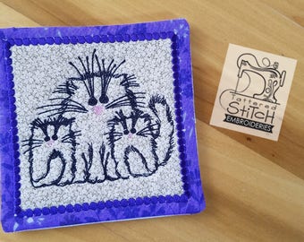 3 CATS EMBROIDERY COASTER- Mug Rug - Machine Embroidery Design. 5x7 In The Hoop Instant Download. Mug Rug Gift Giving