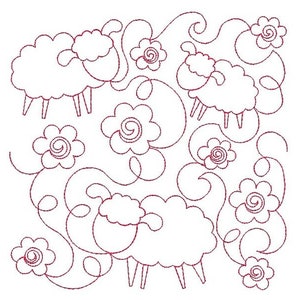May include: A digital embroidery design featuring three white sheep with curly tails and four stylized flowers. The design is outlined in a dark red thread.