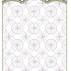 May include: A white fabric pocket with a geometric pattern of overlapping circles in a light purple color. The pocket has a scalloped top edge and a straight bottom edge.