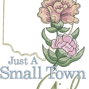 Peut inclure: Broderie représentant une fleur rose et pêche avec des feuilles et des tiges vertes. Le motif est entouré d'un contour doré en forme de l'état de l'Ohio. Le texte "Just A Small Town Girl" est écrit sous le motif en bleu et vert.