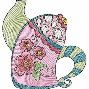 May include: A pink teapot with a whimsical design featuring flowers, polka dots, and stripes. The teapot has a green spout and a blue and white striped handle.