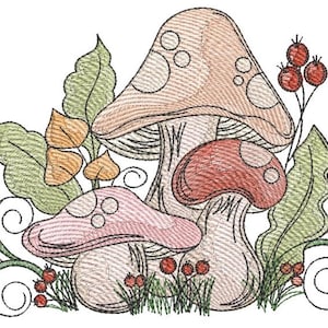 Può includere: Design ricamato con tre funghi nei toni del pesca, rosa e rosso, circondati da foglie verdi, foglie arancioni e bacche rosse. Il design ha un aspetto strutturato e cucito, adatto per applicazioni tessili.