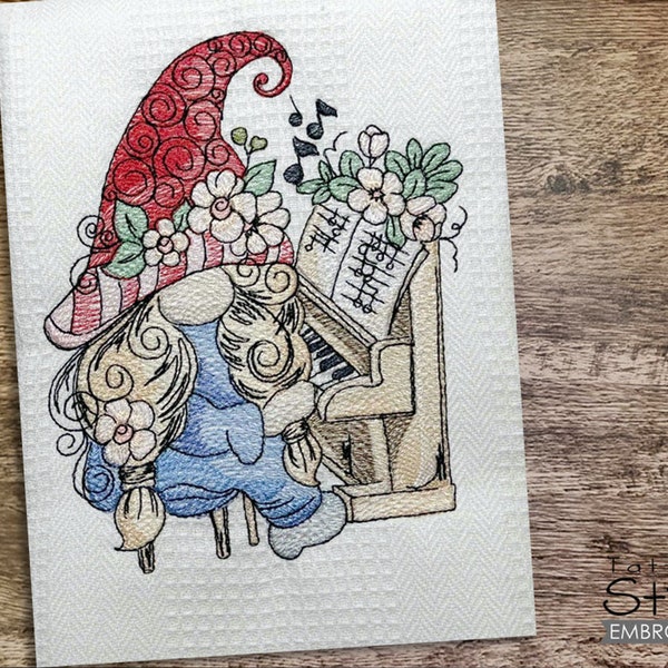 GIRL PIANO GNOME - Sewing, Crafting, Embroidery, Gifting - Downloadable Machine Embroidery