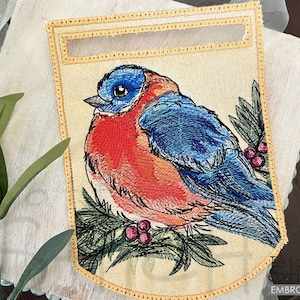 BLUEBIRD Topper Embroidery - FALL, Birds, Bluebirds, Towel Embroidery Kitchen Embroidery -Fits a 4x4&quot; Hoop - Machine Embroidery Designs