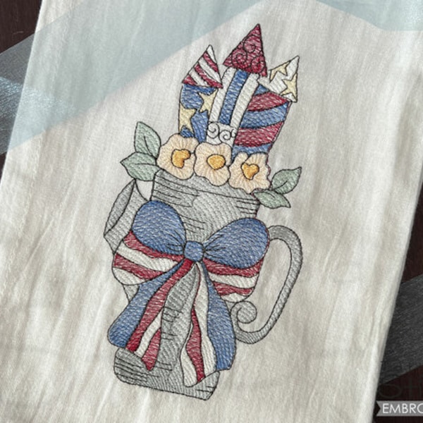 PATRIOTIC Vase with ROCKETS Embroidery - Patriotic, Americana, Floral, Tulips - Downloadable Machine Embroidery - Light Fill Stitch