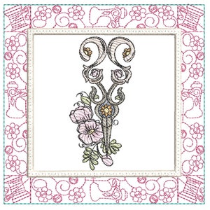 May include: Embroidered design featuring ornate scissors with floral accents in pink, yellow, and green. The scissors are centered on a white background, framed by a decorative border with sewing-themed motifs in pink.