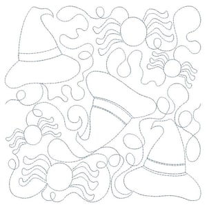 Könnte beinhalten: Eine Schwarzweiß-Zeichnung von drei Hexenhüten und vier Spinnen. Die Hüte sind spitz und haben einen Rand. Die Spinnen haben acht Beine und einen runden Körper.