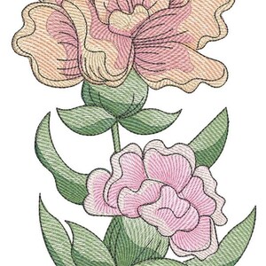 Peut inclure: Une fleur brodée rose et pêche avec des feuilles vertes. La fleur a un design en couches et est un motif floral délicat.