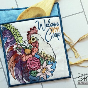 Floral CHICKEN EMBROIDERY POT Holder - Pot Holder, Chickens, Farm Animals - Instant Downloadable Machine Embroidery - Light Fill Stitch
