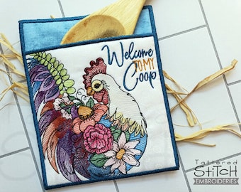 Blumen HUHN EMBROIDERY Topfhalter - Topflappen, Hühner, Tiere vom Bauernhof - sofortige herunterladbare Maschinenstickerei - leichter Füllstich