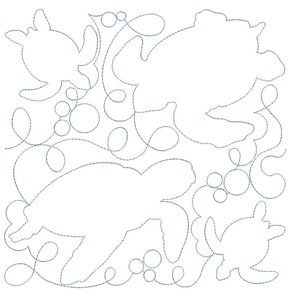 May include: A black and white line drawing of three sea turtles swimming in a sea of bubbles. The turtles are outlined in a thin, dashed line.