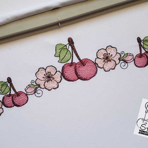 チェリー＆ブロッサムボーダー刺繍 - 花、チェリー、チェリー、ボーダー刺繍 - すぐにダウンロードできる機械刺繍