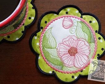 HIBISCUS FLORAL EMBROIDERY Mug Rug/Coaster - Machine Embroidery Design. 5x7 In The Hoop Instant Download. In the hoop. Floral Coaster Gifts