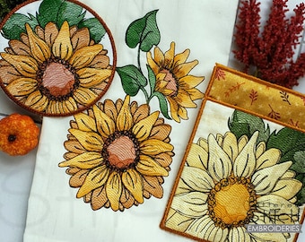SUNFLOWER EMBROIDERY BUNDLE - Pot Holder, Coaster, Sunflowers, Bundle - Instant Downloadable Machine Embroidery - Light Fill Stitch