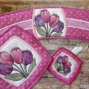 SCRAPPY TULIPS COASTER & Charm, Cup Cozy Bundle - Costura, Elaboración, Bordado, Regalos - Bordado a máquina descargable