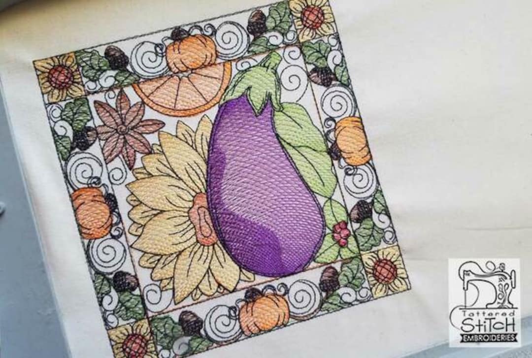 Eggplant Quilt Block Fits Into a 5x7 & 8x8 Hoop Instant Downloadable